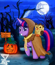 Size: 2990x3488 | Tagged: safe, artist:theretroart88, derpibooru import, owlowiscious, twilight sparkle, bat, bird, owl, unicorn, halloween, holiday, image, jack-o-lantern, mare in the moon, moon, png, pumpkin, spider web, unicorn twilight