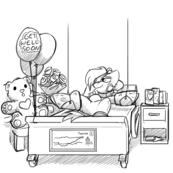 Size: 1280x1280 | Tagged: safe, artist:captainhoers, derpibooru import, oc, oc:tripster, earth pony, balloon, bandage, bed, bouquet, cast, female, flower, get well card, hospital, hospital bed, image, injured, png, sierra nevada, smiling, teddy bear