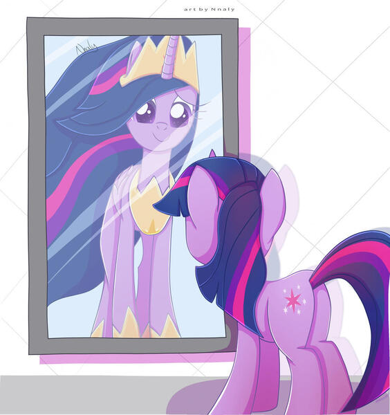 Size: 1024x1089 | Tagged: safe, artist:nnaly, derpibooru import, princess twilight 2.0, twilight sparkle, twilight sparkle (alicorn), alicorn, pony, unicorn, the last problem, butt, female, image, jpeg, mare, mirror, older, older twilight, plot, reflection, unicorn twilight