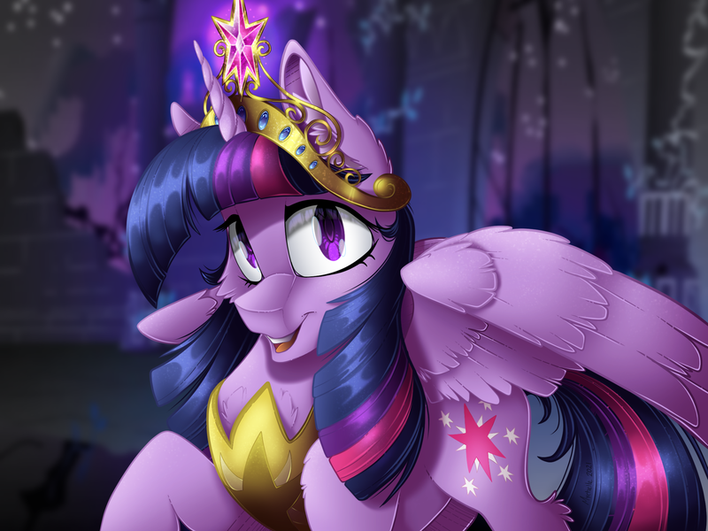 Size: 2224x1668 | Tagged: safe, artist:mychelle, derpibooru import, twilight sparkle, twilight sparkle (alicorn), alicorn, pony, big crown thingy, crown, cutie mark, element of magic, female, image, jewelry, looking at you, mare, peytral, png, regalia, solo