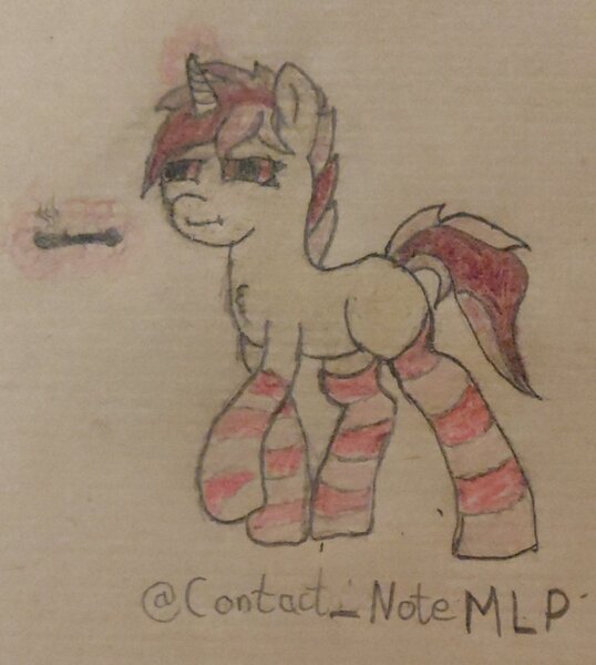Size: 989x1103 | Tagged: questionable, artist:contactnotemlp, derpibooru import, oc, oc:the editor, unofficial characters only, pony, unicorn, clothes, high, image, jpeg, pipe, socks, solo, striped socks, traditional art