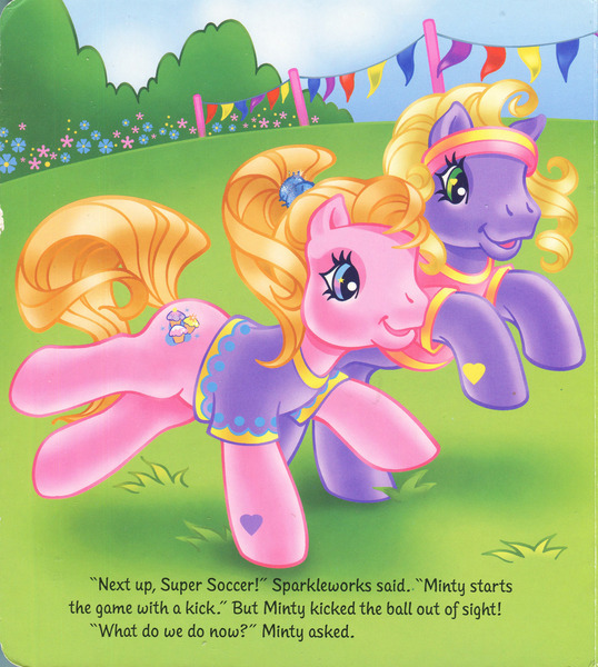 Size: 1280x1428 | Tagged: safe, artist:heckyeahponyscans, artist:lyn fletcher, derpibooru import, cupcake (g3), daisyjo, clothes, decoration, flower, g3, greener than green meadow, headband, image, implied minty, implied sparkleworks, jpeg, mini flags, official, official book, playing, pole, pony field day, running, scrunchie, super soccer, t-shirts