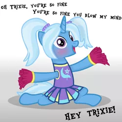 Size: 1000x1000 | Tagged: safe, artist:grapefruitface1, derpibooru import, trixie, pony, unicorn, base used, blushing, cheerleader trixie, clothes, image, looking at you, lyrics, narcissism, pigtails, png, singing, solo, song reference, splits, text, toni basil, twintails