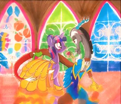 Size: 1977x1693 | Tagged: safe, artist:zephyrshy, derpibooru import, discord, twilight sparkle, pony, unicorn, alternate hairstyle, beauty and the beast, clothes, discolight, dress, female, image, looking at each other, male, png, shipping, stained glass, stained glass window, straight, suit, unicorn twilight