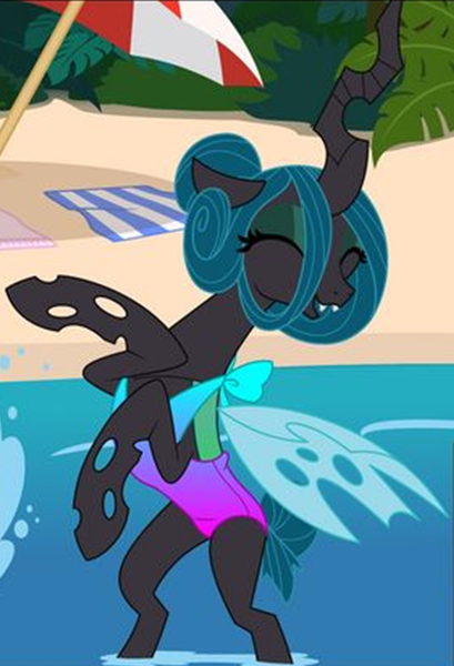 Size: 760x1115 | Tagged: safe, artist:evilfrenzy, derpibooru import, queen chrysalis, changeling, changeling queen, pony, alternate hairstyle, beach, clothes, cropped, cute, cutealis, eyes closed, female, hair bun, image, mare, one-piece swimsuit, png, show accurate, swimsuit