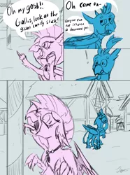 Size: 1299x1747 | Tagged: safe, artist:tigerett, derpibooru import, gallus, silverstream, gryphon, hippogriff, candy, candy cane, comic, food, funny, image, instant regret, png, sketch, tongue frozen, tongue out, tongue stuck to pole