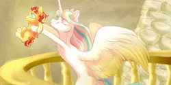 Size: 1280x640 | Tagged: safe, artist:castaspellliana, derpibooru import, princess celestia, sunset shimmer, alicorn, pony, alicornified, alternate universe, baby, baby pony, circle of life, duo, female, filly, foal, holding a pony, hoof hold, image, jpeg, mare, momlestia, movie reference, pose, race swap, shimmercorn, spread wings, the lion king, wings