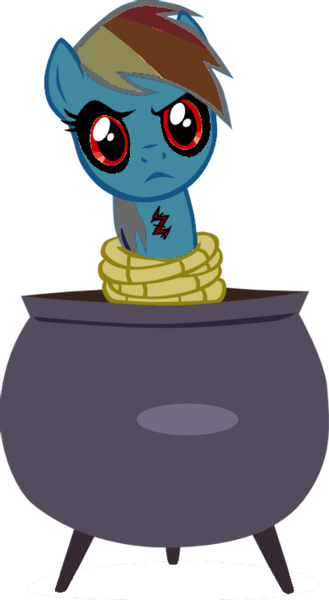 Size: 400x729 | Tagged: safe, artist:pagiepoppie12345, derpibooru import, rainbow dash, magical mystery cure, a true true friend, cauldron, crack, .exe, image, png, rainbow.exe, red eyes, rope, tied up, unamused