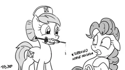 Size: 1200x675 | Tagged: safe, artist:pony-berserker, derpibooru import, nurse redheart, pinkie pie, earth pony, pony, descriptive noise, glass syringe, grayscale, horse noises, image, looking at each other, monochrome, mouth hold, png, pony-berserker's twitter sketches, simple background, syringe, trypanophobia, vaccination, white background