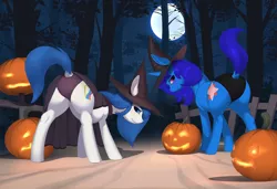 Size: 1920x1316 | Tagged: suggestive, artist:jotun22, derpibooru import, oc, oc:delly, oc:graceful motion, unofficial characters only, earth pony, pony, unicorn, butt, clothes, dock, duo, duo female, female, forest, halloween, hat, holiday, image, jack-o-lantern, jpeg, looking at you, looking back, looking back at you, mare, moon, night, panties, plot, pumpkin, scenery, smiling at you, tree, underwear, witch hat