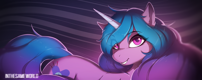 Size: 2500x1000 | Tagged: safe, artist:antiander, derpibooru import, izzy moonbow, pony, unicorn, ear fluff, eye clipping through hair, female, g5, grin, image, looking at you, mare, png, smiling, solo, teeth, text