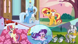 Size: 1024x579 | Tagged: safe, artist:velveagicsentryyt, derpibooru import, moondancer, starlight glimmer, sunset shimmer, trixie, zecora, oc, oc:beautiful magic, oc:dawnna, oc:little dream, oc:shine brine, oc:soleilt, oc:sunlay, pony, zebra, baby, baby pony, image, jpeg, offspring, parent:comet tail, parent:fire streak, parent:moondancer, parent:prince blueblood, parent:starlight glimmer, parent:sunburst, parent:sunset shimmer, parent:trixie, parents:bluetrix, parents:cometdancer, parents:starburst, parents:sunsetstreak