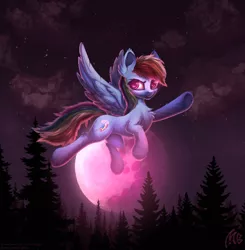 Size: 2140x2180 | Tagged: safe, artist:muggod, derpibooru import, rainbow dash, pegasus, pony, blood moon, cloud, colored pupils, female, flying, forest, glowing eyes, halloween, holiday, image, looking at you, mare, mare in the moon, moon, moonlight, multicolored hair, night, open mouth, outdoors, png, raised hoof, sky, smiling, smirk, tree, wings