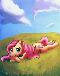 Size: 1920x2400 | Tagged: safe, artist:shaliwolf, derpibooru import, fluttershy, pegasus, pony, blushing, cute, daaaaaaaaaaaw, female, folded wings, grass, high res, image, looking at you, lying down, mare, outdoors, png, prone, scenery, scenery porn, shyabetes, sky, smiling, solo, three quarter view, wings