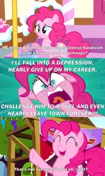 Size: 2000x3362 | Tagged: safe, derpibooru import, edit, edited screencap, screencap, pinkie pie, pinkie pride, angry, caption, comic, eyes closed, faic, image, image macro, implied cheese sandwich, implied rainbow dash, open mouth, overreaction, png, sad, screencap comic, scrunchy face, smiling, text