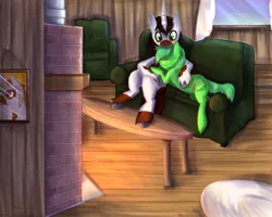 Size: 1280x1024 | Tagged: safe, artist:ikasama, derpibooru import, oc, oc:chic pea, oc:firebird, oc:hardy mackintosh, unofficial characters only, coffee table, couch, fireplace, hooves on the table, house, image, jpeg, sleeping