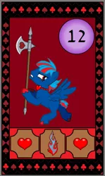 Size: 432x726 | Tagged: safe, derpibooru import, oc, oc:hellfire, pegasus, pony, pony creator, axe, battle axe, card, card game, colt, fantasy, image, magic, male, png, weapon, young