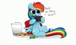 Size: 4096x2439 | Tagged: safe, artist:kittyrosie, derpibooru import, rainbow dash, pegasus, pony, backwards cutie mark, can, drink, food, gamer dash, image, jpeg, nintendo switch, open mouth, pizza, simple background, sitting, soda, solo, that pony sure does love pizza, white background