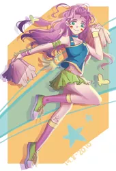 Size: 2036x2992 | Tagged: safe, artist:xinury辛娜, derpibooru import, fluttershy, human, abstract background, cheerleader, clothes, converse, face paint, female, humanized, image, legs, messy hair, png, pom pom, shoes, skirt, smiling, solo