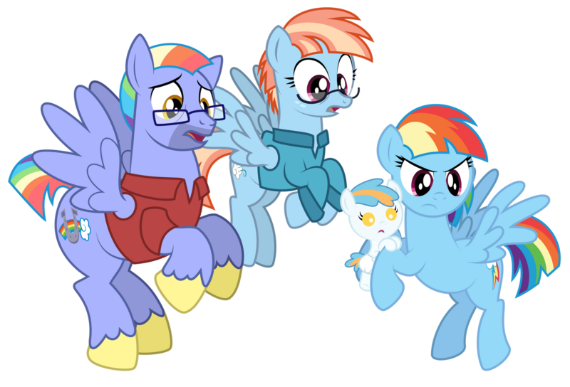 Size: 1280x870 | Tagged: safe, artist:aleximusprime, derpibooru import, bow hothoof, rainbow dash, windy whistles, oc, oc:misty blitz, pony, flurry heart's story, angry, clothes, female, flying, glasses, husband and wife, image, male, mama dash, offspring, older, parent:bow hothoof, parent:oc:thunderhead, parent:rainbow dash, parent:thunderlane, parent:windy whistles, parents:canon x oc, parents:thunderdash, png, shirt, shocked, shorter hair