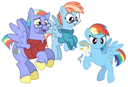 Size: 1280x870 | Tagged: safe, artist:aleximusprime, derpibooru import, bow hothoof, rainbow dash, windy whistles, oc, oc:misty blitz, pony, flurry heart's story, angry, clothes, female, flying, glasses, husband and wife, image, male, mama dash, offspring, older, parent:bow hothoof, parent:oc:thunderhead, parent:rainbow dash, parent:thunderlane, parent:windy whistles, parents:canon x oc, parents:thunderdash, png, shirt, shocked, shorter hair