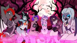 Size: 3608x2000 | Tagged: suggestive, artist:xxmarkingxx, derpibooru import, oc, oc:annie belle, oc:coaldust, oc:midnight mural, oc:rein immortas, oc:rio azura, oc:succulent scent, unofficial characters only, anthro, bat, bat pony, crystal pony, digitigrade anthro, dracony, dragon, earth pony, gryphon, hybrid, pony, unguligrade anthro, anthro oc, armpits, bat pony oc, bat wings, bikini, breasts, clothes, commission, crystal pony oc, digital art, earth pony oc, fangs, female, floppy ears, full moon, gift art, griffon oc, halloween, holiday, hot springs, image, leonine tail, mare, moon, neck fluff, nightmare night, one-piece swimsuit, png, sitting, slit eyes, smiling, swimsuit, tree, water, wings