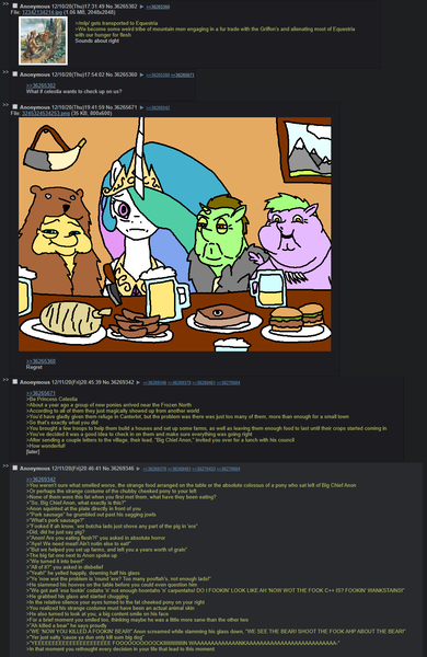 Size: 1094x1685 | Tagged: safe, derpibooru import, princess celestia, oc, bear, pony, wolf, /mlp/, 4chan, 4chan screencap, alcohol, beer, burger, food, fur, greentext, haggis, hamburger, image, knife, meat, png, sausage, text, vulgar, window