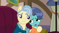 Size: 1280x720 | Tagged: safe, derpibooru import, screencap, mr. paleo, mrs. paleo, earth pony, pony, the fault in our cutie marks, awkward, female, husband and wife, image, jewelry, male, mare, married couple, necklace, pearl necklace, png, stallion, worried