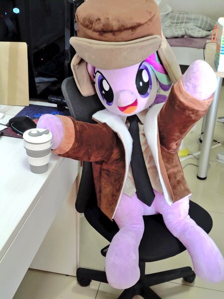 Size: 768x1024 | Tagged: safe, artist:nekokevin, derpibooru import, starlight glimmer, pony, unicorn, series:nekokevin's glimmy, clothes, coffee cup, cup, female, hat, hooves in air, image, irl, jacket, jpeg, life size, looking at you, mare, necktie, open mouth, photo, plushie, shirt, sitting, smiling, solo, table, underhoof