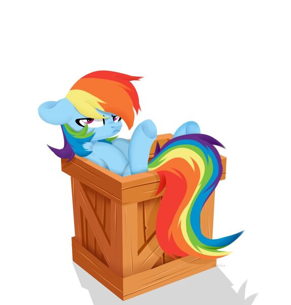 Size: 1280x1341 | Tagged: safe, artist:shiny-dust, derpibooru import, rainbow dash, pegasus, pony, box, crate, floppy ears, grumpy, grumpy dash, if i fits i sits, image, jpeg, pony in a box, rainbow dash is not amused, simple background, solo, unamused, white background