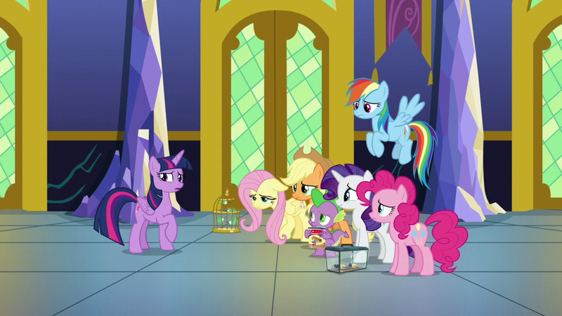 Size: 1920x1080 | Tagged: safe, derpibooru import, screencap, applejack, fluttershy, pinkie pie, rainbow dash, rarity, spike, twilight sparkle, alicorn, bird, dragon, hummingbird, spider, star spider, the last problem, cage, comic book, image, male, mane seven, mane six, png, twilight's castle, twilight sparkle (alicorn), winged spike