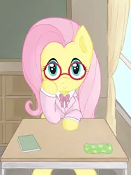 Size: 768x1024 | Tagged: safe, artist:podiponi, derpibooru import, fluttershy, pegasus, pony, book, classroom, clothes, cute, female, full face view, glasses, hoof on cheek, image, indoors, looking at you, mare, pencil case, png, round glasses, school, school uniform, shyabetes, sitting, smiling, solo, table, window