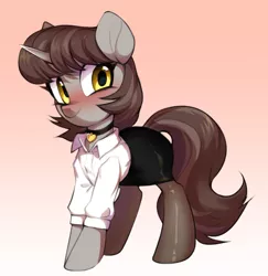 Size: 1452x1496 | Tagged: safe, alternate version, artist:vensual99, derpibooru import, oc, oc:silver bubbles, unofficial characters only, pony, unicorn, blouse, blushing, choker, clothes, crossdressing, femboy, gradient background, heart necklace, image, jpeg, male, pantyhose, pencil skirt, secretary, short skirt, shy, shy smile, skirt, smiling
