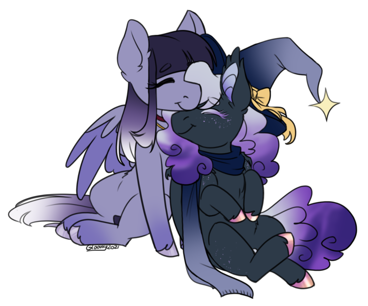 Size: 1201x1000 | Tagged: safe, artist:its-gloomy, derpibooru import, oc, oc:mystic nightfall, oc:salacious allusion, unofficial characters only, bat pony, pegasus, bat pony oc, bat wings, bow, choker, clothes, commission, couple, cute, duo, duo female, eyebrows, eyebrows visible through hair, eyes closed, female, freckles, hat, holiday, image, jewelry, lesbian, looking at each other, love, nail polish, necklace, nuzzling, oc x oc, pegasus oc, png, scarf, shipping, signature, simple background, sitting, snuggling, transparent background, valentine's day, weapons-grade cute, wings, witch hat, wizard hat, ych result