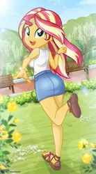 Size: 625x1130 | Tagged: safe, artist:charliexe, derpibooru import, sunset shimmer, equestria girls, armpits, ass, beautiful, bench, bracelet, breasts, bunset shimmer, butt, clothes, cute, denim skirt, feet, flower, happy, image, jewelry, jpeg, looking at you, looking back, multicolored hair, outdoors, rear view, running, sandals, scenery, shimmerbetes, sideboob, skirt, smiling, smiling at you, stupid sexy sunset shimmer, tanktop, tomboy, turquoise eyes, yellow skin