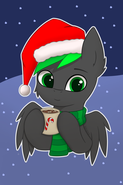 Size: 1365x2048 | Tagged: safe, artist:keupoz, derpibooru import, oc, oc:bytewave, pegasus, pony, bust, cheek fluff, chocolate, christmas, clothes, commission, ear fluff, food, hat, holiday, hot chocolate, image, png, santa hat, scarf, snow, snowfall, solo, striped scarf