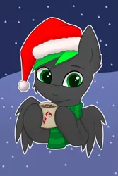 Size: 1365x2048 | Tagged: safe, artist:keupoz, derpibooru import, oc, oc:bytewave, pegasus, pony, bust, cheek fluff, chocolate, christmas, clothes, commission, ear fluff, food, hat, holiday, hot chocolate, image, png, santa hat, scarf, snow, snowfall, solo, striped scarf