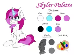 Size: 8000x6000 | Tagged: safe, artist:skylarpalette, derpibooru import, oc, oc:skylar palette, unofficial characters only, pony, unicorn, cheek fluff, chest fluff, clothes, cute, cutie mark, ear fluff, female, fluffy, glasses, happy, hoodie, horn, image, looking up, magic, mare, pink mane, png, reference sheet, simple background, sitting, unicorn oc, white background, white fur