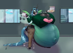 Size: 4125x3000 | Tagged: suggestive, artist:badgerben, artist:blues64, derpibooru import, queen chrysalis, anthro, changeling, changeling queen, unguligrade anthro, belly, belly button, big belly, big breasts, breasts, building, busty queen chrysalis, chair, clothes, coffee, coffee break, coffee mug, crown, digital art, donut, erect nipples, fangs, female, floppy ears, food, high heels, holding, holes, horn, huge belly, huge breasts, hyper, hyper belly, hyper pregnancy, image, impossibly large belly, impossibly large breasts, inside, jewelry, mouth hold, mug, nipple outline, office, png, pregnant, queen pregalis, regalia, reversalis, shoes, shrunken pupils, sitting, solo, solo female, spread wings, tail, window, wings, workplace