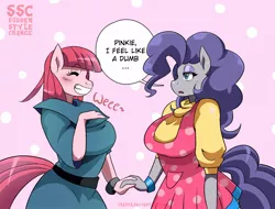 Size: 1710x1302 | Tagged: safe, artist:traupa, derpibooru import, maud pie, pinkie pie, anthro, earth pony, rock solid friendship, big breasts, blushing, breasts, busty maud pie, busty pinkie pie, clothes, clothes swap, dialogue, eyes closed, female, grin, hair swap, image, jpeg, maudie pie, pie sisters, pinkamena diane pie, role reversal, siblings, sisters, smiling, speech bubble, style change, sudden style change, sweat, sweatdrop