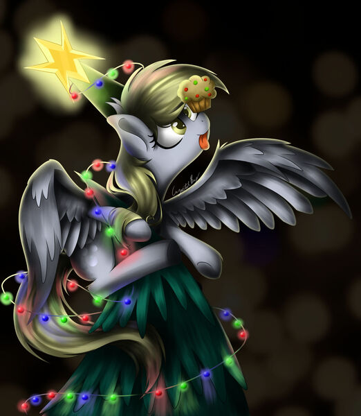 Size: 1280x1472 | Tagged: safe, artist:crystalbay, derpibooru import, derpy hooves, pegasus, pony, christmas, christmas tree, cross-eyed, cute, derpabetes, derpy star, food, happy, happy hearth's warming, hearth's warming, holiday, hungry, image, jpeg, lights, looking up, muffin, ponies balancing stuff on their nose, solo, spread wings, stars, tongue out, tree, wings
