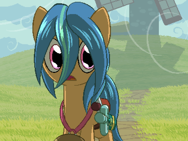Size: 800x600 | Tagged: safe, artist:rangelost, derpibooru import, oc, oc:windcaller, unofficial characters only, earth pony, pony, cyoa:d20 pony, cloud, grass, hill, image, outdoors, png, sky, solo, sword, weapon, windmill