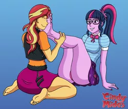 Size: 1024x870 | Tagged: suggestive, artist:cindymides, derpibooru import, sci-twi, sunset shimmer, twilight sparkle, equestria girls, equestria girls series, barefoot, bedroom eyes, blushing, clothes, feet, feet on face, fetish, foot fetish, glasses, image, nail polish, panties, png, sitting, smiling, soles, toenail polish, toes, underwear