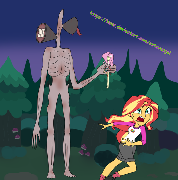 Size: 1200x1213 | Tagged: grimdark, artist:estevangel, derpibooru import, fluttershy, sunset shimmer, abuse, blood, crushed, flutterbuse, image, implied death, obtrusive watermark, png, siren head, watermark