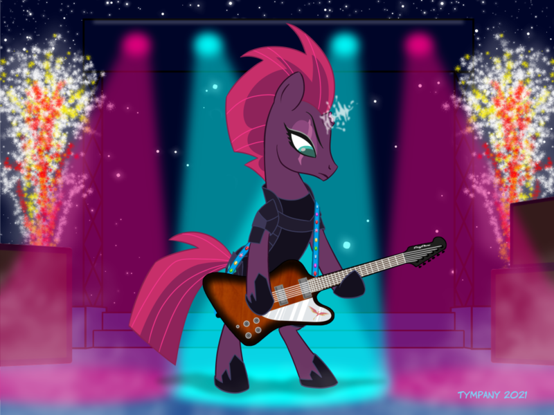 Size: 1024x768 | Tagged: safe, artist:tim-kangaroo, derpibooru import, fizzlepop berrytwist, tempest shadow, pony, unicorn, my little pony: the movie, armor, broken horn, fanart, fireworks, guitar, hoof hold, horn, image, looking down, magic, musical instrument, playing instrument, png, rocking out, spotlight, stage