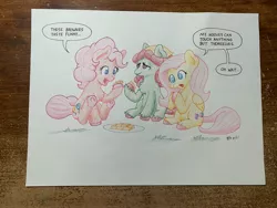 Size: 4032x3024 | Tagged: safe, artist:lost marbles, derpibooru import, fluttershy, pinkie pie, tree hugger, earth pony, pegasus, pony, brownies, colored pencil drawing, female, females only, food, image, jpeg, traditional art