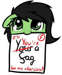 Size: 633x757 | Tagged: safe, artist:neuro, edit, editor:edits of hate, oc, oc:anonfilly, unofficial characters only, earth pony, pony, faggot, female, filly, image, intentional spelling error, looking at you, mouth hold, paper, png, scp foundation, scp-3562, simple background, solo, text, transparent background, vulgar