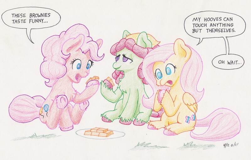 Size: 3249x2067 | Tagged: safe, artist:lost marbles, derpibooru import, fluttershy, pinkie pie, tree hugger, earth pony, pegasus, pony, colored pencil drawing, dialogue, female, females only, image, jpeg, simple background, traditional art, white background