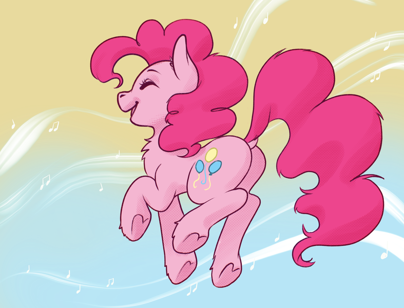 Size: 3500x2670 | Tagged: safe, artist:taytinabelle, derpibooru import, pinkie pie, earth pony, pony, balloonbutt, bouncing, butt, chest fluff, cute, diapinkes, dock, dot matrix, ear fluff, eyes closed, female, gradient background, happy, high res, image, jumping, mare, music notes, open mouth, plot, png, raised hoof, raised tail, rear view, shading, smiling, solo, tail, underhoof, unshorn fetlocks