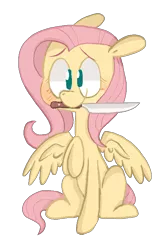 Size: 515x772 | Tagged: safe, artist:pinkiespresent, edit, editor:edits of hate, unauthorized edit, fluttershy, pegasus, pony, blushing, cute, female, floppy ears, grimcute, image, knife, mare, mouth hold, no pupils, png, raised hoof, shyabetes, simple background, sitting, smiling, solo, spread wings, transparent background, wings